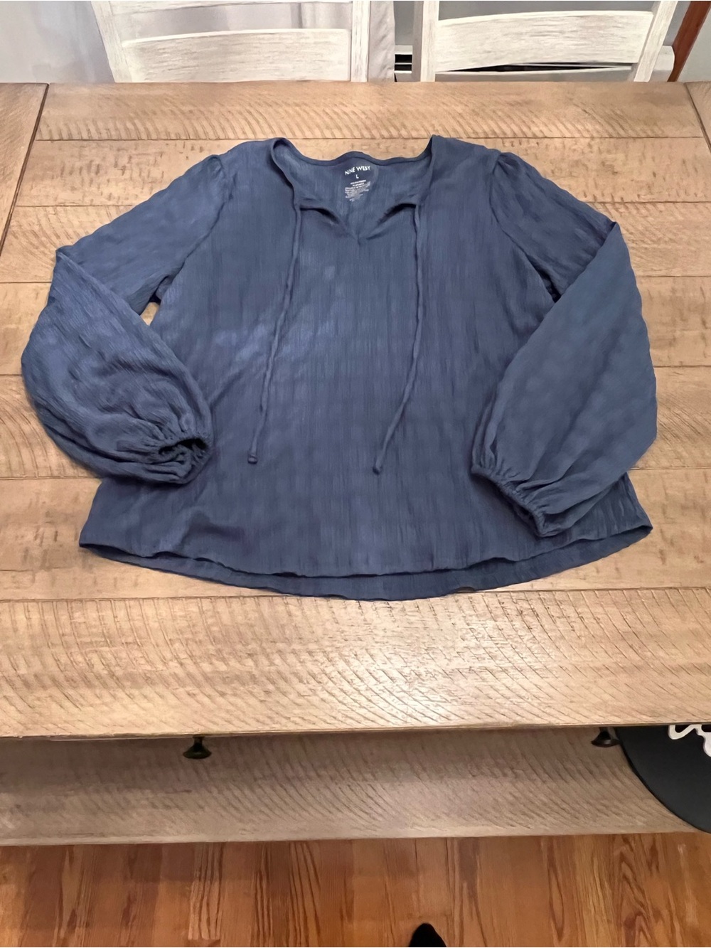 Nine West Blue Tie-Neck Peasant Blouse